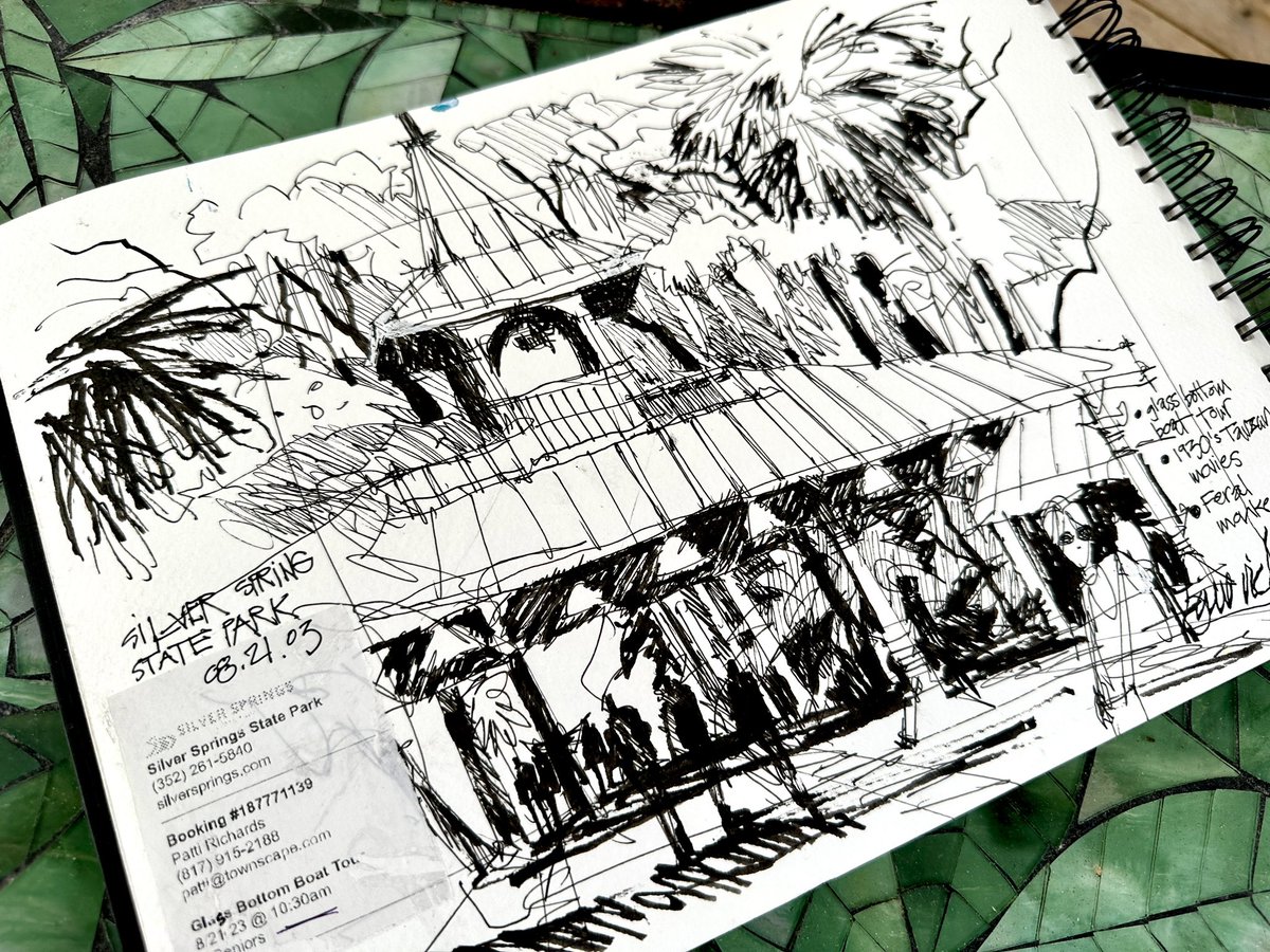 Silver Springs State Park near Ocala, Florida. The beautiful river headwaters area was the setting for Johnny Weissmuller Tarzan movies, The Creature from the Black Lagoon and others. I grabbed a quick sketch of the 1950’s vintage entry gate and its movie-worthy jungly setting.
