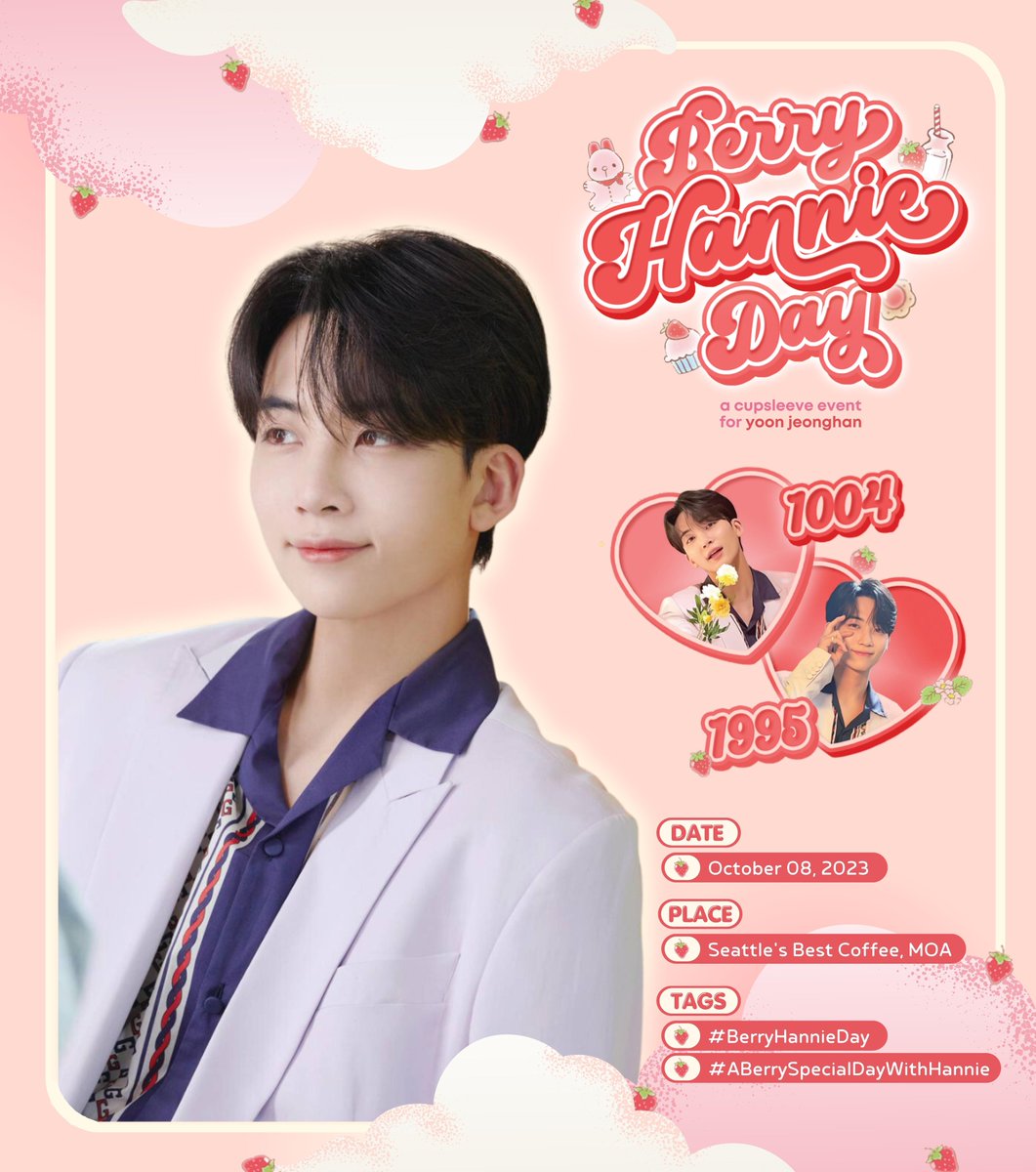 berryhannieday's tweet photo. Carats! ❤

Come and celebrate Seventeen’s JEONGHAN’S special day with us on our #BerryHannieDay cupsleeve event! 🍓 

Check the photos below for the event details and kit inclusions.

Registrations will begin on August 25, 2023 (10:04 PM).

#ABerrySpecialDayWithHannie https://t.co/7odgawGPpn