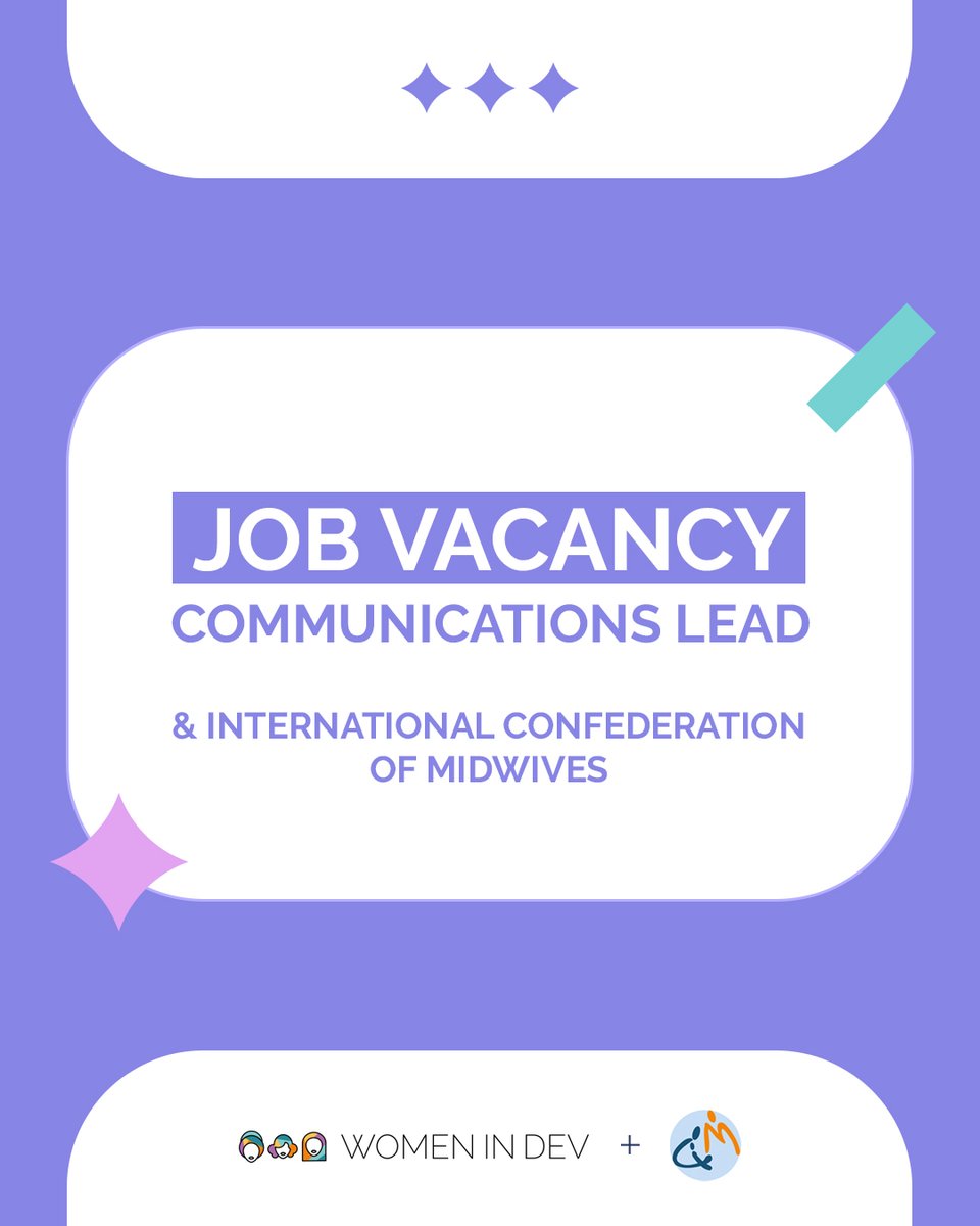 Women in Dev (@womendev) on Twitter photo Job Alert! 📢Passionate about #MaternalHealth? Join the incredible <a href="/world_midwives/">International Confederation of Midwives</a> as a Communications Lead to amplify the impact of midwives worldwide and make a real difference.🌟
Deadline: 10 Sep
Find out more and apply here.👉🏾bit.ly/3KP9AmK
#CommsJobs #GenderJobs Job Alert! 📢Passionate about #MaternalHealth? Join the incredible <a href="/world_midwives/">International Confederation of Midwives</a> as a Communications Lead to amplify the impact of midwives worldwide and make a real difference.🌟
Deadline: 10 Sep
Find out more and apply here.👉🏾bit.ly/3KP9AmK
#CommsJobs #GenderJobs