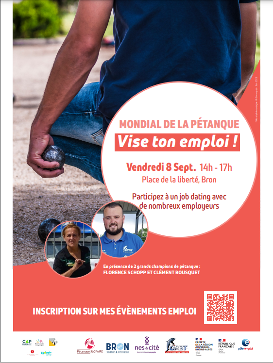 Opération #ViseTonEmploi le 08/09, ou comment associer #Pétanque et #Insertion en marge du Mondial porté par la <a href="/VilleDeBron/">Ville de Bron</a>.
Coorganisée par <a href="/Nes_et_Cite/">Nes & Cité</a>, @pole_emploi et leurs partenaires, sous le marrainage de <a href="/SalwaPhilibert/">Philibert Salwa</a>, sous-<a href="/prefetrhone/">Préfète de région Auvergne-Rhône-Alpes et du Rhône</a>, avec l'appui de <a href="/JeremieBreaud/">Jérémie Bréaud</a>