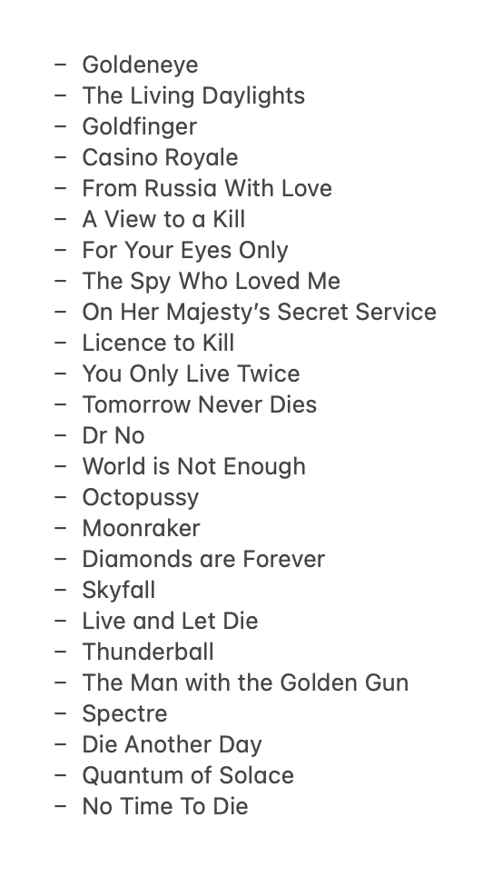 Madz_Grant's tweet photo. Here's my definitive James Bond rankings – come at me, haters

(Some may say A View to a Kill has landed unexpectedly high here – I say it took restraint not to put it at number 1) https://t.co/46GZAqVZiJ
