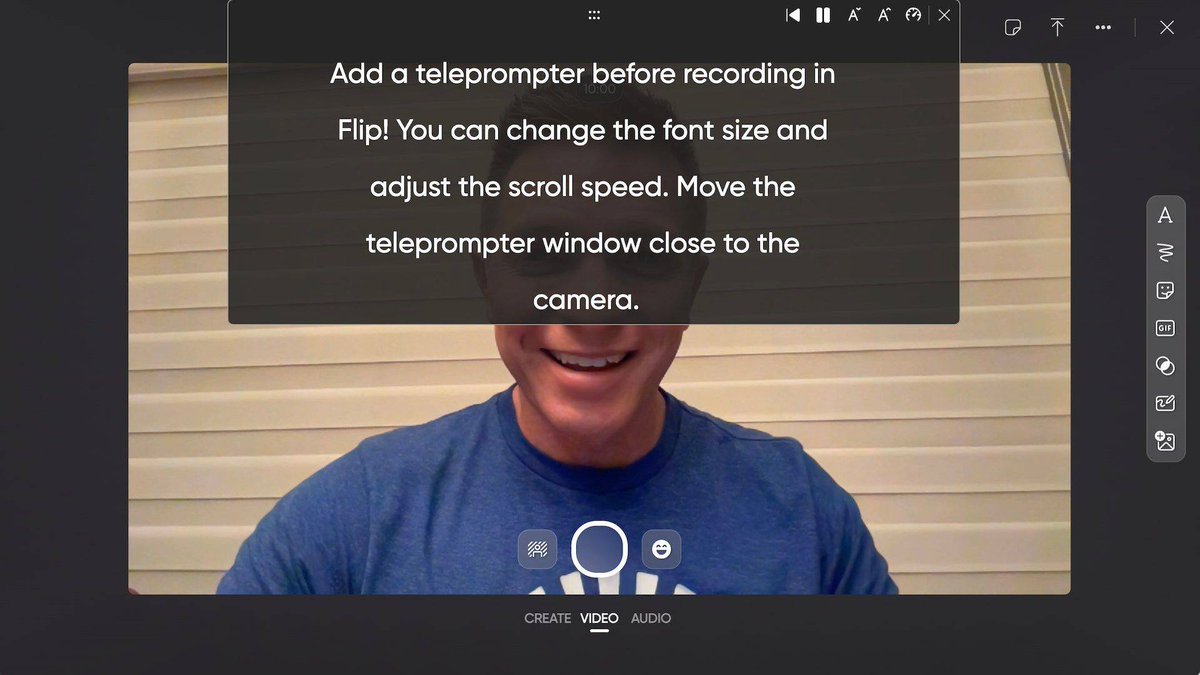 The web version of Flip has a teleprompter! After opening the Flip camera, click More options (•••) and choose Teleprompter. Set the font size and scroll speed. Position the teleprompter window close to the camera lens. The words start to scroll when you begin recording.