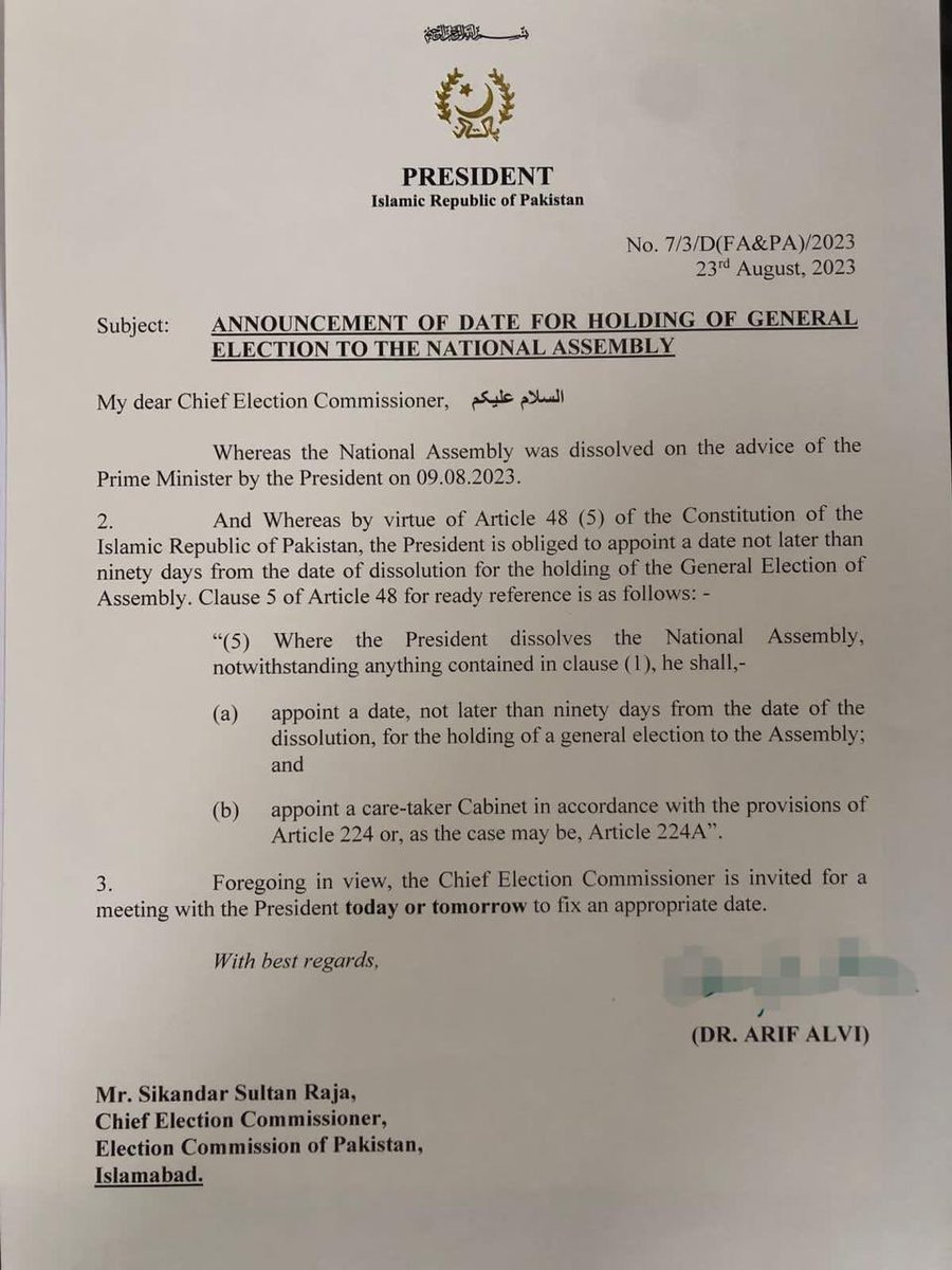 Excellent step by President. Under the Constitution, it is his power, discretion and duty to set date for election after dissolution of national assembly. Amendments introduced in election act are irrelevant and cannot overshadow Constitution. Election Act cannot prevail over…