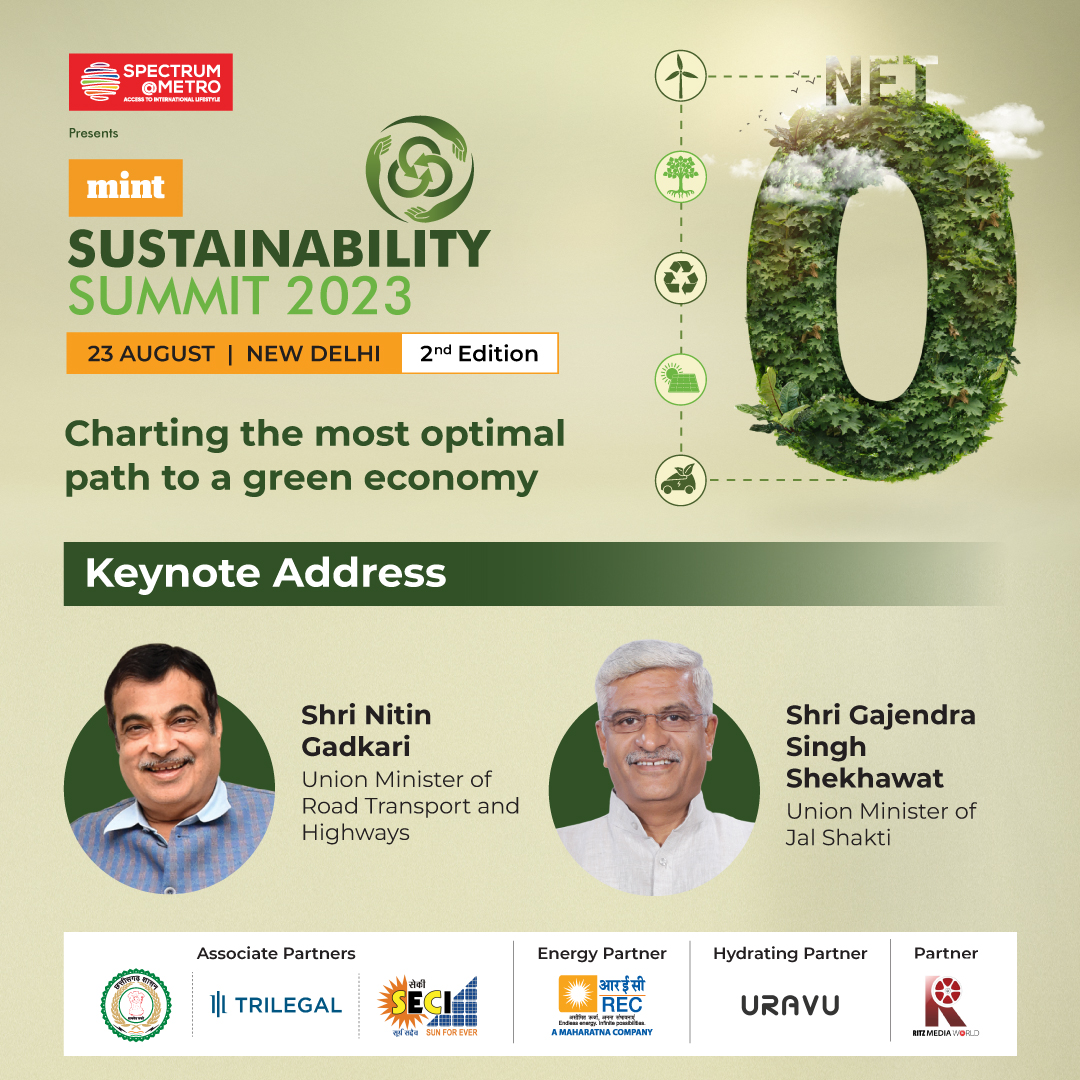 livemint's tweet photo. [PARTNERED]

Don’t miss your chance to be a part of the enlightening Mint Sustainability Summit 2023 ️ 

Catch us live now on: 
YouTube - https://t.co/VvhNQm3Pw1

#MintSustainabilitySummit #MSS2023 #CatchTheAction @TrilegalLaw @RECLindia @SECI_Ltd @ctm_blog @uravulabs @gssjodhpur @GhoshArunabha @KanikaPal @sumant_sinha @Neeraj_Menon @CMDNTPC @sanjayaggarwal9 @ShamsherDewan @VivekKumarDewa5 @GauriJauhar @sjk336 @HetalGandhi3 @ilovecology @nitin_gadkari