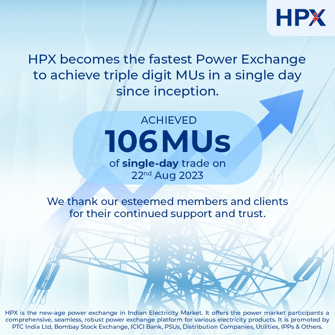 HPX_India's tweet photo. HPX leads among power exchanges, achieving an outstanding 106 MUs in a single day trade. This remarkable feat reinforces our commitment to efficiency &amp; excellence in the energy market. A big thank you to our valued members &amp; clients for their trust &amp; partnership.#PoweringProgress https://t.co/rSwymGVYYn