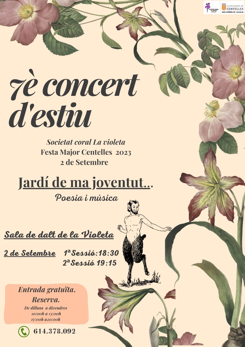 aj_centelles's tweet photo. #FestaMajorCentelles2023
7è concert d'estiu amb la Societat coral La violeta
📅 Dissabte 2 de setembre
🕑 18.30 i 19.15 h 
📍 Sala de dalt de la Violeta
🎟 Entrada gratuïta
📌 Reserves al 614 378 092 (de dilluns a divendres de 10 a 13 h i de 17 a 20 h) https://t.co/cMPlPGwMB2