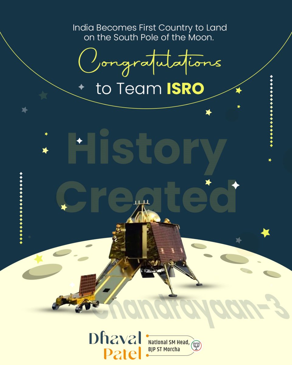 dhaval241086's tweet image. Congratulations to @isro for achieving a historic milestone 🇮🇳

India&apos;s pride soars high as Chandrayaan-3 successfully lands on the moon&apos;s south pole, making us the first country to achieve this remarkable feat. 🚀🌕

#ISRO #Chandrayaan3 #ProudMoment