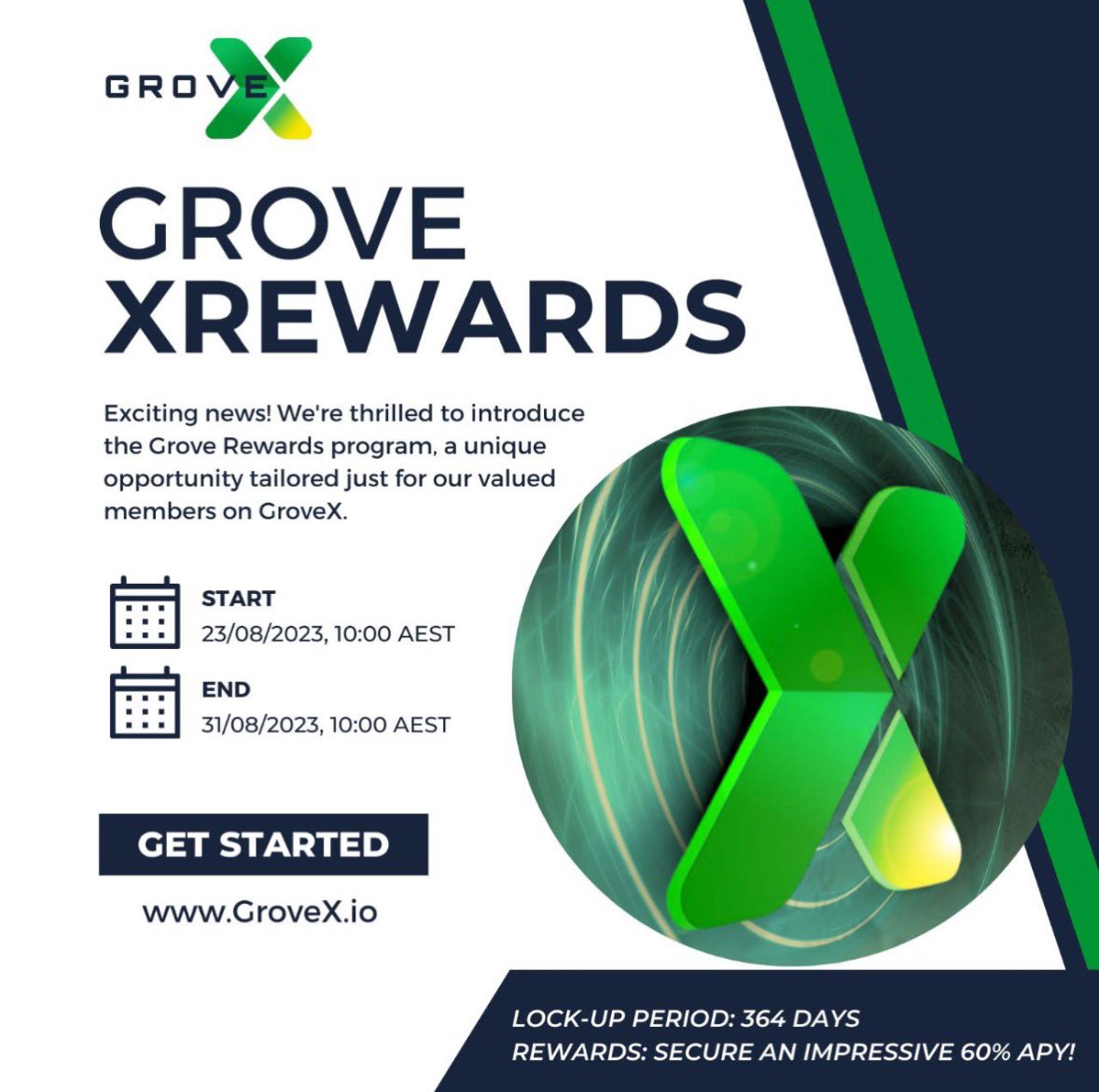 MrsGRV_V2's tweet photo. Introducing Grove XRewards for valued members! Starting 23/08, subscribe for impressive 60% APY with a 364-day lock-up. Limited time: 31/08. Min deposit: 1,000 GroveCoins, Max: 20,000. Don't miss out on maximizing returns! #XRewards #GroveX https://t.co/rvsTFDqpwS