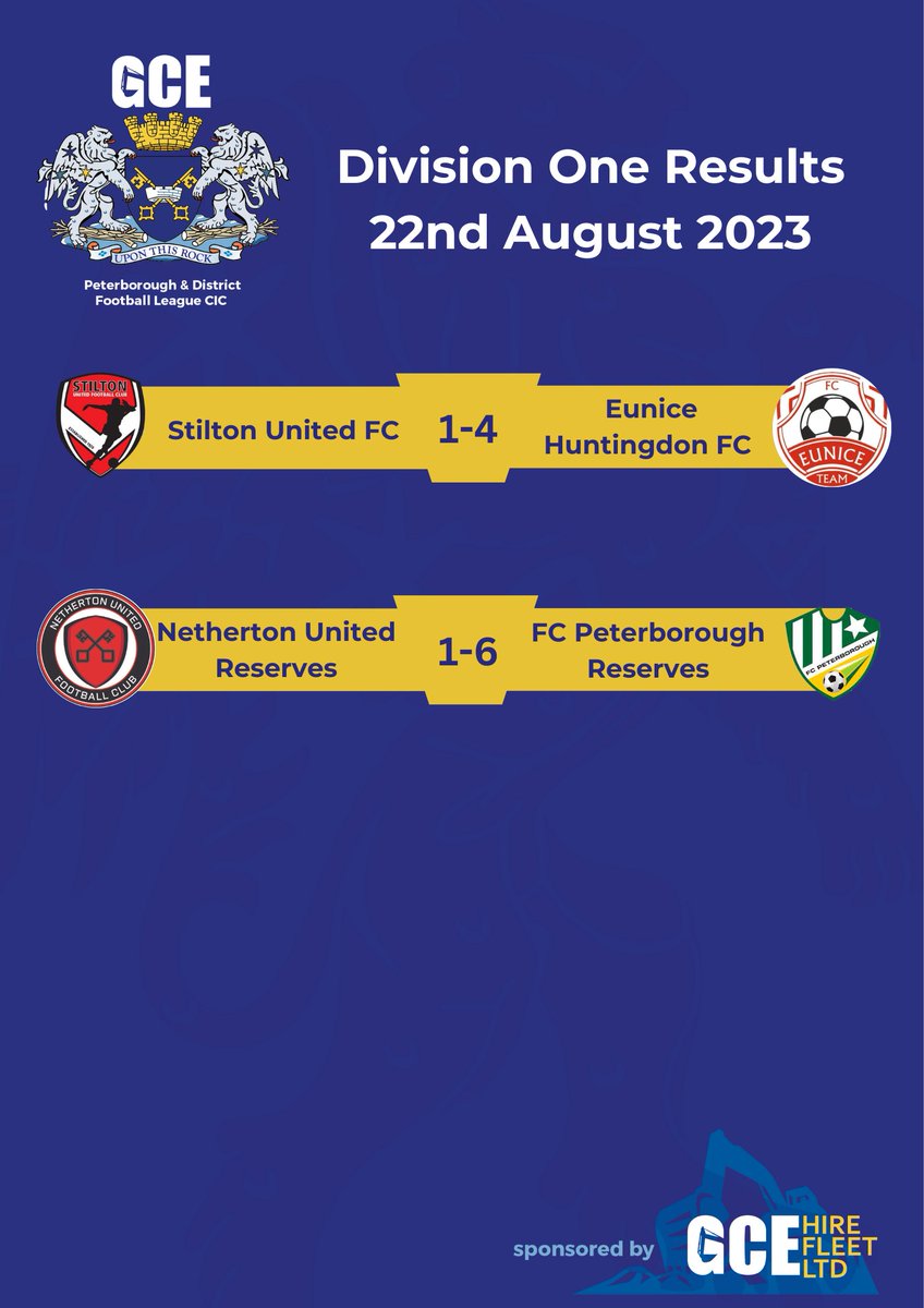 Peterborough & District Football League (@pdfluk) on Twitter photo ⚽Premier Division & Division One Results <a href="/GCEHireFleet/">GCE Hire Fleet Ltd</a>⚽
Here are the results from last night's mid-week action!
Remember not to miss out on tonight's action as the mid-week games continue! ⚽Premier Division & Division One Results <a href="/GCEHireFleet/">GCE Hire Fleet Ltd</a>⚽
Here are the results from last night's mid-week action!
Remember not to miss out on tonight's action as the mid-week games continue!