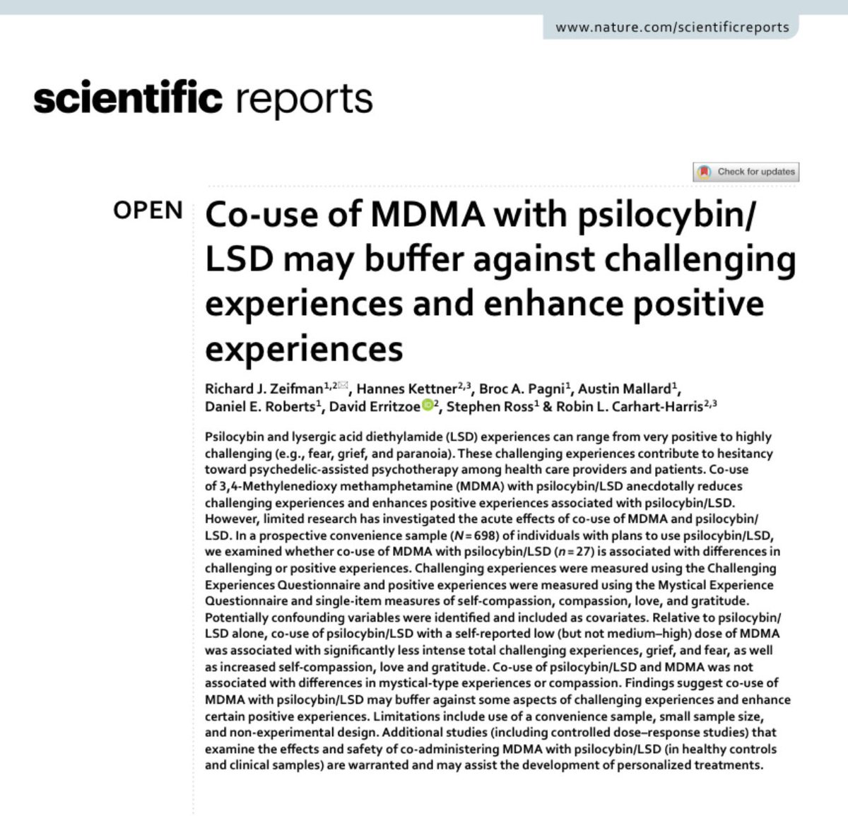Centre for Psychedelic Research (@imperial_prg) on Twitter photo What happens when you combine MDMA with LSD/psilocybin? Our new work with <a href="/RickZeifman/">Rick Zeifman</a> <a href="/RCarhartHarris/">Robin Carhart-Harris</a> <a href="/KettnerHannes/">Hannes Kettner</a> etc is out! 🍄
nature.com/articles/s4159…
The combination reduces negative experiences (such as fear) whilst increasing positive ones (such as gratitude & love)! What happens when you combine MDMA with LSD/psilocybin? Our new work with <a href="/RickZeifman/">Rick Zeifman</a> <a href="/RCarhartHarris/">Robin Carhart-Harris</a> <a href="/KettnerHannes/">Hannes Kettner</a> etc is out! 🍄
nature.com/articles/s4159…
The combination reduces negative experiences (such as fear) whilst increasing positive ones (such as gratitude & love)!