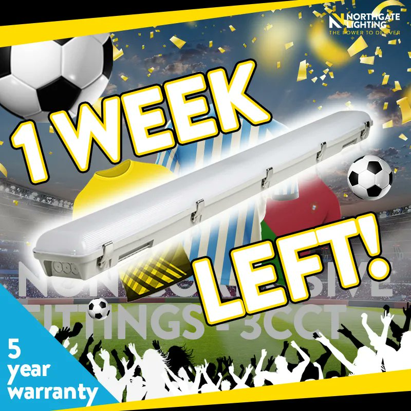 🕗 ONE week left to secure a football shirt!

🌟 LED 3CCT Non-Corrosive Fittings
Weatherproof with a brilliant brightness 💡

Available in 4ft, 5ft, or 6ft - both single and twin.

📞 0113 467 0000
📧 sales@northgatelighting.com

#lighting
#electricalwholesalers
#northgate