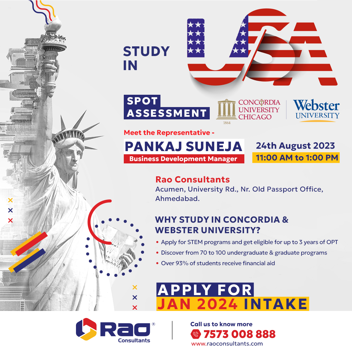 Join us for Concordia University Chicago and Webster University spot assessment.

#websteruniversity #concordiauniversity #studyinusa #raoconsultants