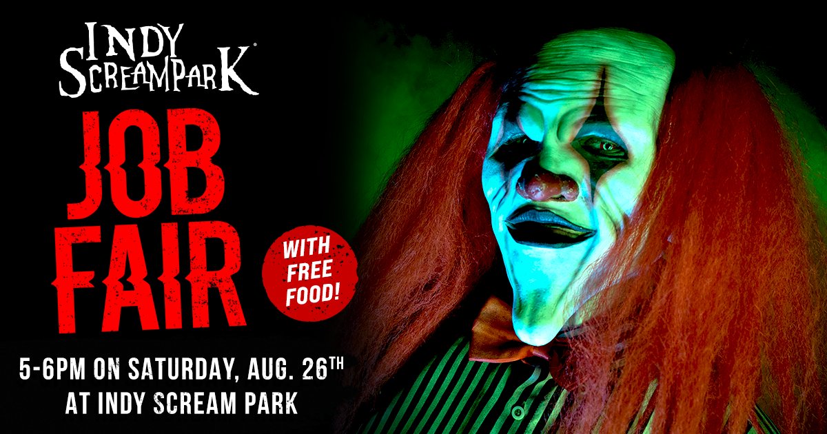 Don't miss Indy Scream Park's last Job Fair of the season! Join us Saturday (08/26) from 5 PM- 6 PM with FREE FOOD 🤡

#IndyScreamPark #Employment #NowHiring #AndersonIN