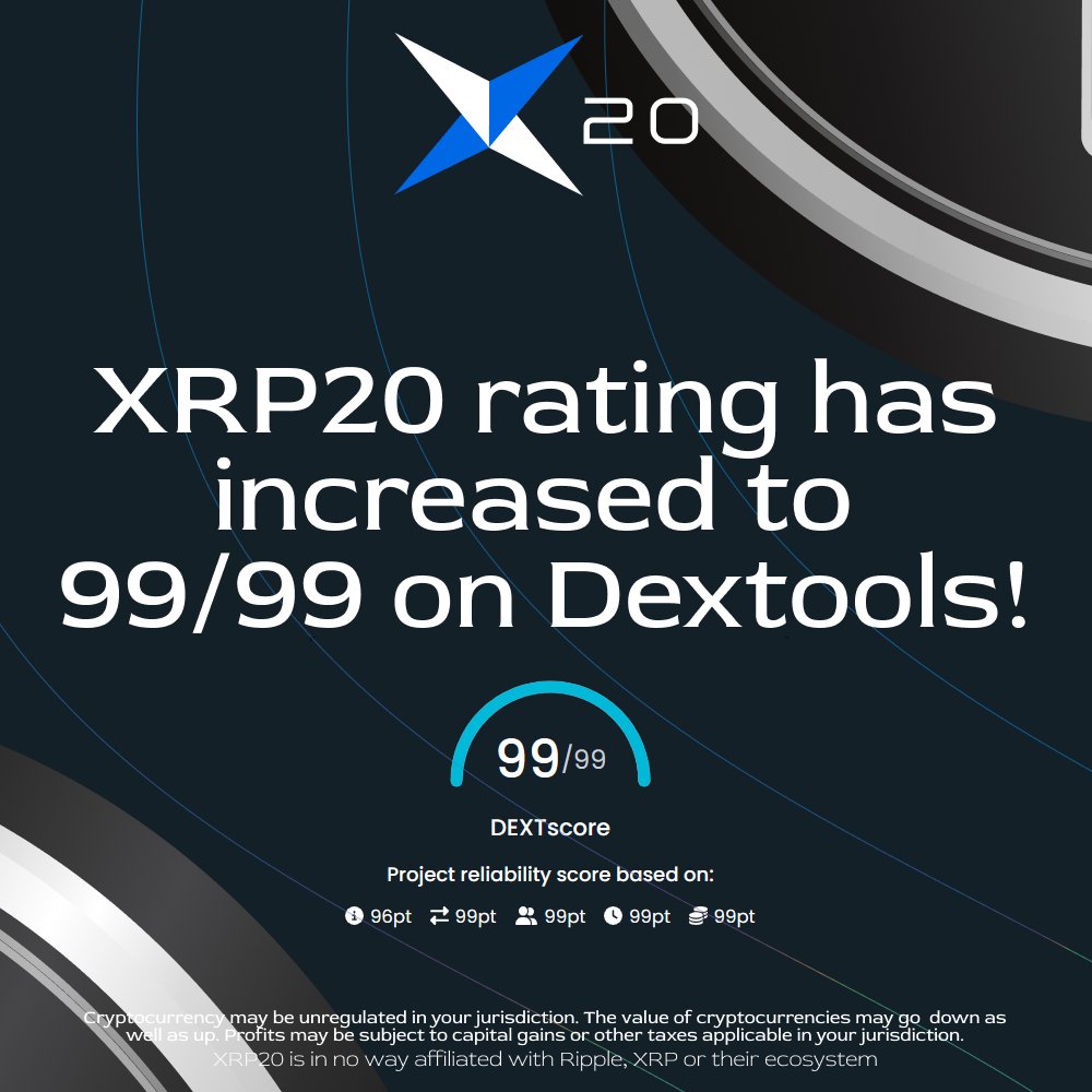 XRP_20's tweet image. 📈Boom! $XRP20 just hit a solid 99/99 on @DEXToolsApp rating!🔥

It&apos;s not just a number; it&apos;s a testament to our community&apos;s strength and the potential of our project.

Big things ahead for #XRP20!💪

Check it out here 👉 bit.ly/3qxMzOl