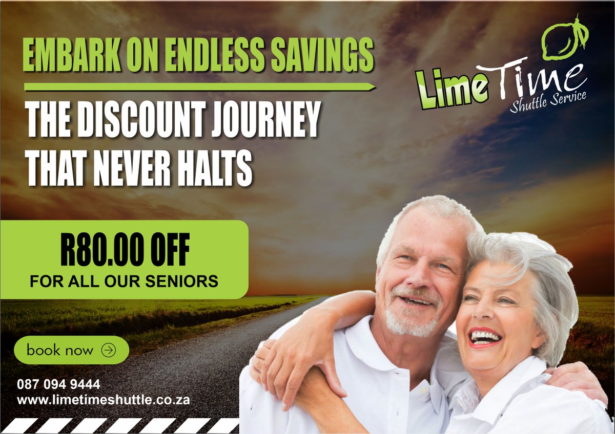 LimeTimeShuttle's tweet photo. The discount journey never stops.
Enjoy an incredible senior R80,00 discount on any of our routes you would like to travel.
Book your bus now https://t.co/9niHKnA3mT
#limetimeshuttle #shuttleservice #safety #comfort #service #whiteriver #nelspruit #ngodwana #machado https://t.co/QhokVRBwTW