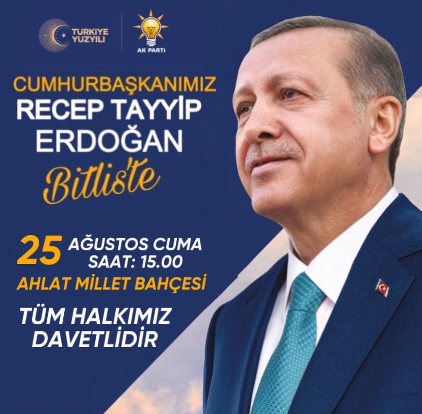 Bitlis Çevre Şehir ve Kültür Başkanlığı🇹🇷 (@csk_bsk_bitlis) on Twitter photo Cumhurbaşkanımız, Genel Başkanımız Sn.<a href="/RTErdogan/">Recep Tayyip Erdoğan</a>
Malazgirt Kutlamalarının 952. Yıl Dönümü Etkinlikleri kapsamında Ahlat Millet Bahçesinde hemşehrimize hitap edecektir.
Programa Tüm Halkımız Davetlidir.
📅 25 Ağustos Cuma
🕒 15.00 Cumhurbaşkanımız, Genel Başkanımız Sn.<a href="/RTErdogan/">Recep Tayyip Erdoğan</a>
Malazgirt Kutlamalarının 952. Yıl Dönümü Etkinlikleri kapsamında Ahlat Millet Bahçesinde hemşehrimize hitap edecektir.
Programa Tüm Halkımız Davetlidir.
📅 25 Ağustos Cuma
🕒 15.00
