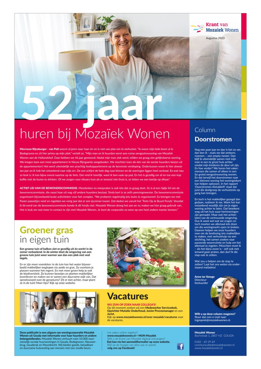 De Krant van Mozaïek staat weer voor je klaar! In deze editie is een bewoner aan het woord die al 52 jaar bij Mozaïek Wonen huurt, we geven tips voor een groenere tuin én Anne bespreekt het doorverhuizen in haar column. Nieuwsgierig? Lees dan verder: ap.lc/7fJQ0