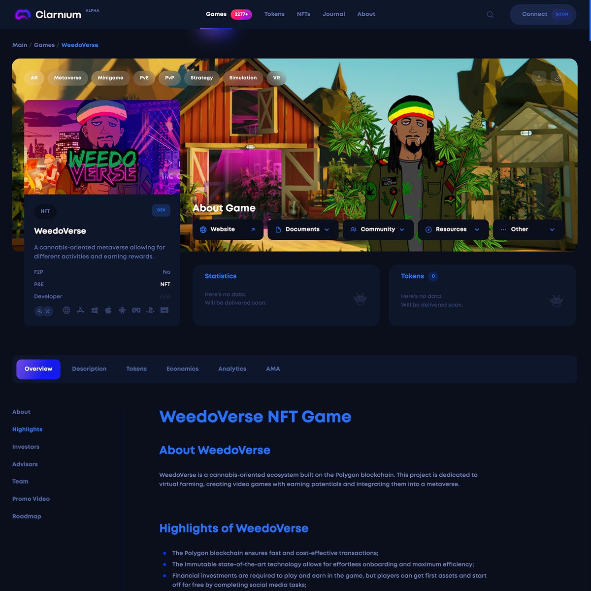 We are now listed on Clarnium.io 🥳

Big thanks to our beloved partners <a href="/clarnium_io/">Clarnium.io</a> for this amazingly detailed explanation of our project!

All the info you'll learn about #WeedoVerse is shown through their beautiful interface. Check it out👇
clarnium.io/games/weedover…