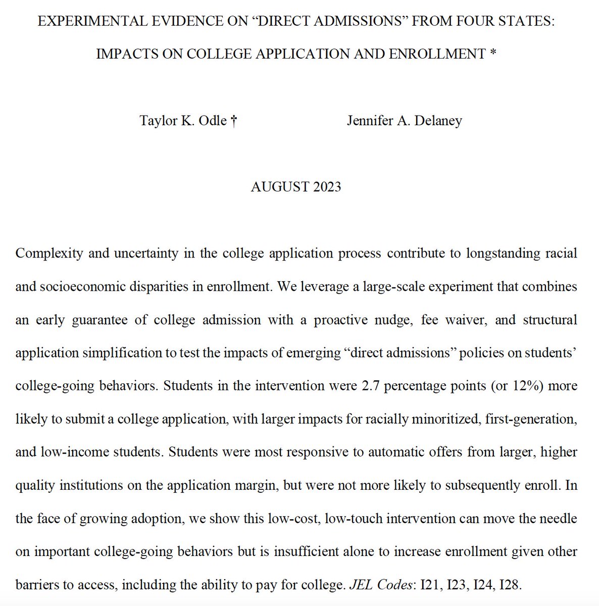 Taylor Odle (@taylor_odle) on Twitter photo 🚨 NEW PAPER: How do emerging "direct admissions" policies impact students' college application and enrollment behaviors? We leverage a massive experiment (32k students across 4 states) in partnership with the <a href="/CommonApp/">Common App</a> & 6 universities to find out: tinyurl.com/DirectAdmissio… 🚨 NEW PAPER: How do emerging "direct admissions" policies impact students' college application and enrollment behaviors? We leverage a massive experiment (32k students across 4 states) in partnership with the <a href="/CommonApp/">Common App</a> & 6 universities to find out: tinyurl.com/DirectAdmissio…