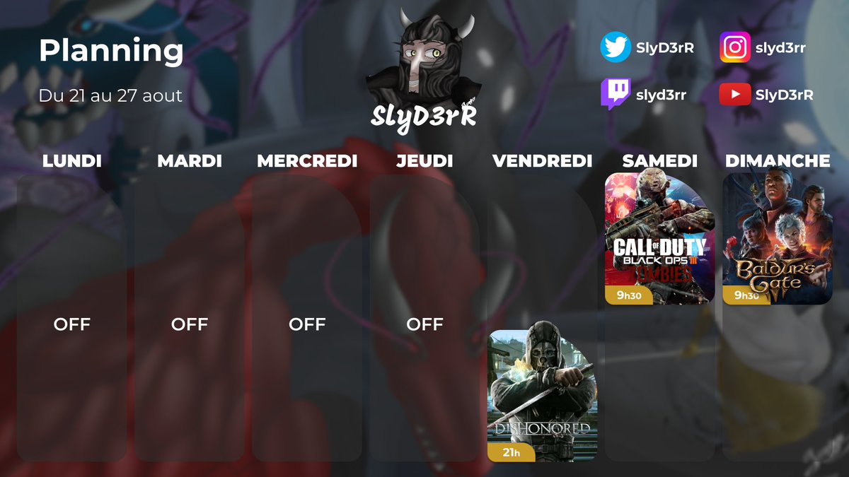 SlyD3rR's tweet image. Ayo à tous ! 

Voici le #planning des #streamde cette semaine sur #twitch . En espérant vous voir nombreux 😉
À vendredi