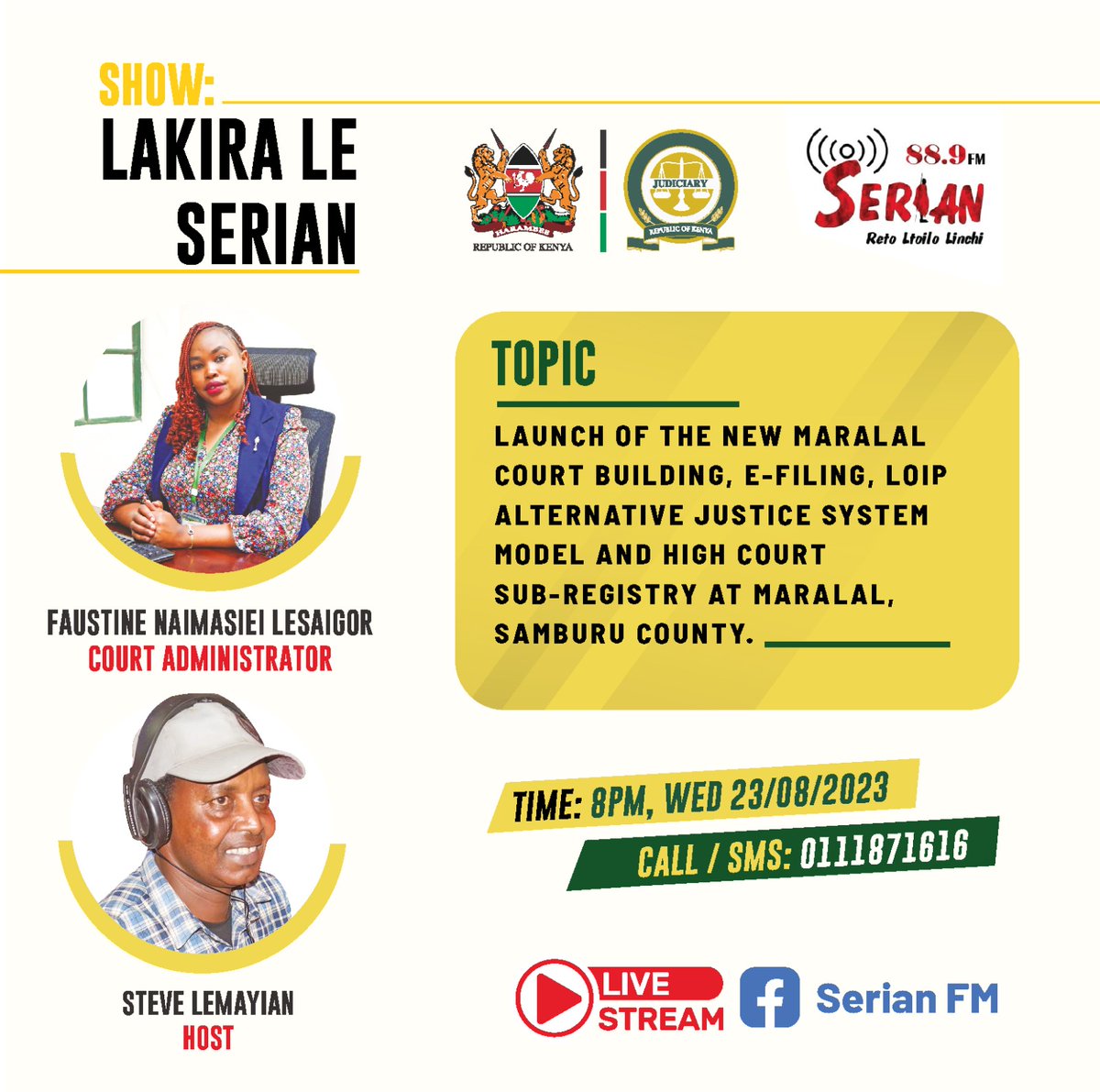 Kenyajudiciary's tweet photo. Tune in to @SerianFM at 8 pm and follow the  conversation on the launch of the new Maralal Court building, e-filing, LOIP Alternative Justice System Model and High Court Sub-Registry at Maralal Law Courts in Samburu County. https://t.co/KX7JhwdqwT