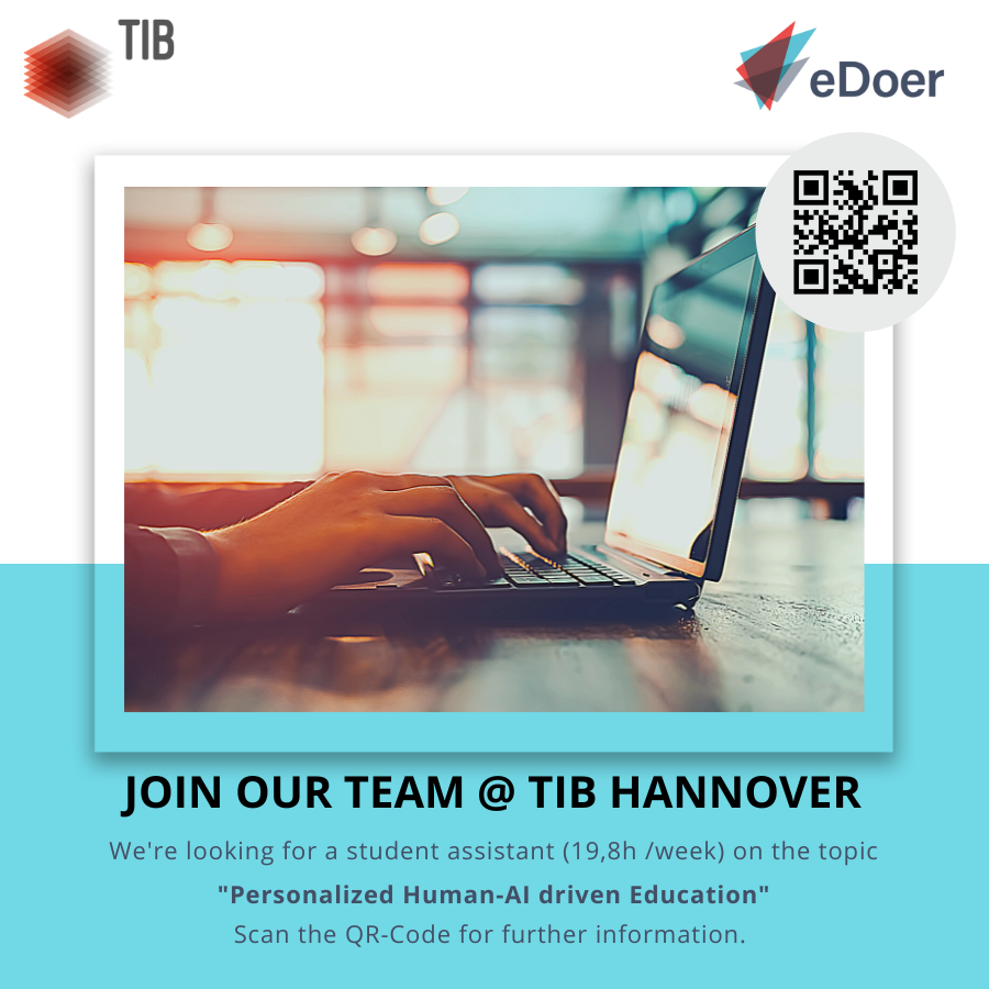 edoer_info's tweet photo. 📣 Ending this week: Our team is looking for a student assistant to  support the scientific work on our experimental, AI-driven learning  platform #eDoer. 
Deadline for applications is Sunday, 27th Aug 23. 
Please share!
https://t.co/W1EiJxWhnx
#ai #learning #edtech #HIRINGNOW https://t.co/j7jFJBHu9F