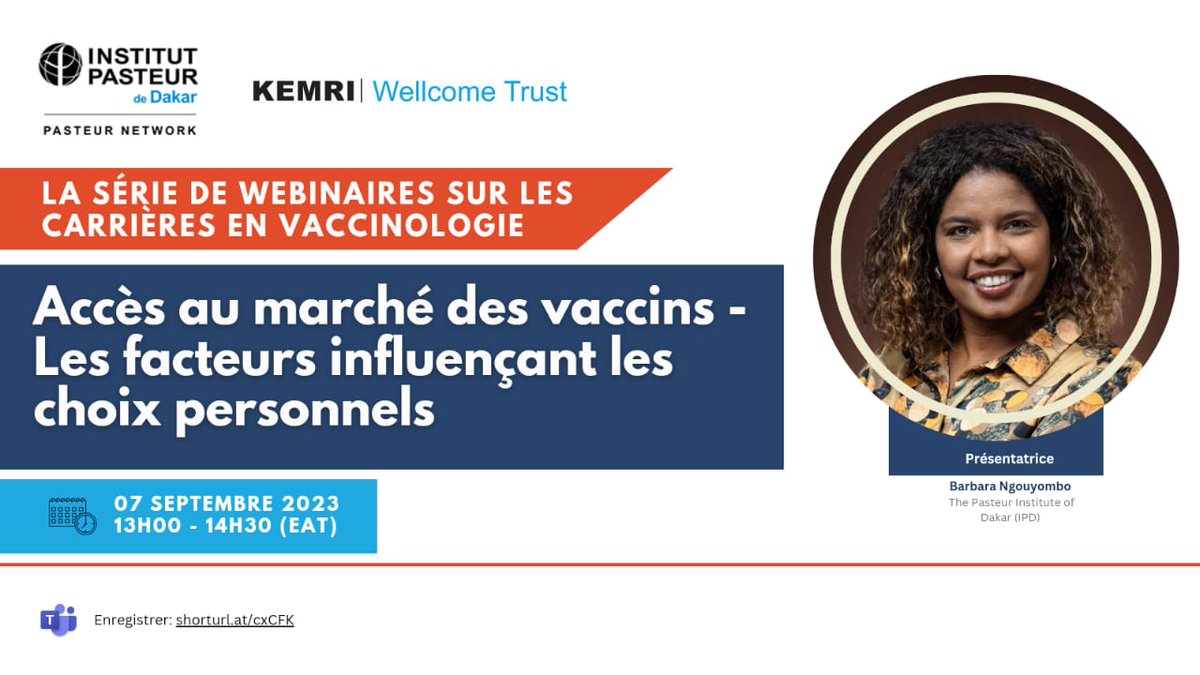 Webinar Alert! French Edition

#KWTRP in partnership with <a href="/PasteurDakar/">Institut Pasteur de Dakar</a> will host a webinar on Market Access for Vaccines - Factors that influence personal choices on 7 Sept, 1:00PM EAT.

Interested, register here. shorturl.at/dnxHU
#Vaccines4Africa
