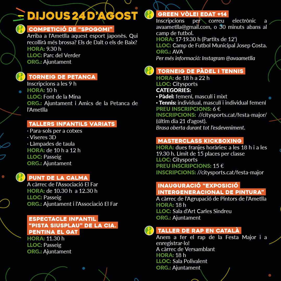 AjAmetllaValles's tweet photo. ☀️ Molt bon dia❗️

🎊 Avui comença la #FMAmetlla2023, i la Lluita de Barris, amb aquestes activitats.

🟢🟡 Gent de Dalt! Gent de Baix! Es teu preparades?

💪 Som-hi!

#AmetlladelVallès https://t.co/tWD32NruRm