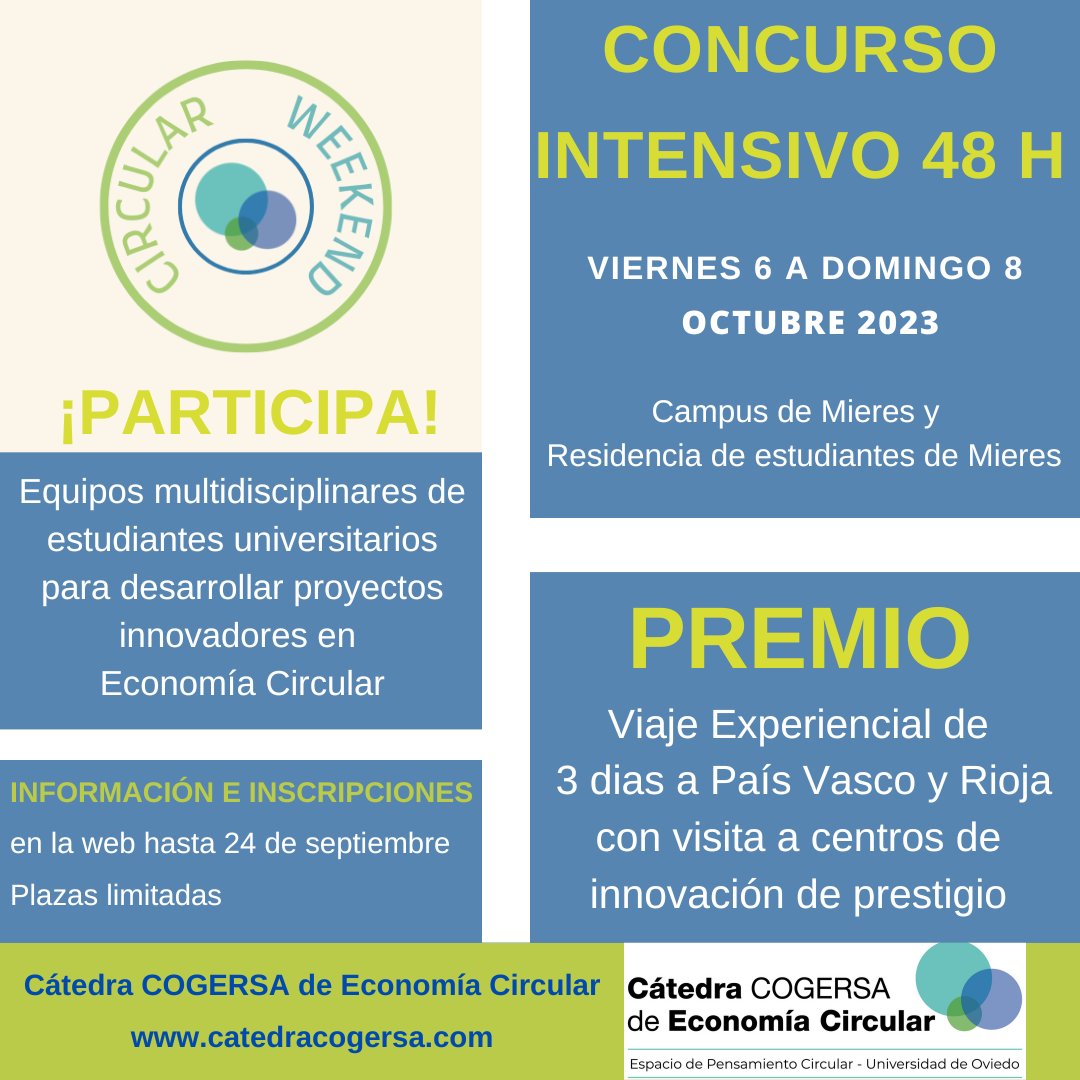 FIDACONSULTORES's tweet image. Ya hay fechas para el #CircularWeekend 2023
Programa de formación y entrenamiento intensivo que promueve @cogersacatedra @cogersaasturias sobre #emprendimiento dirigido a equipos multidisciplinares de estudiantes @uniovi_info que propongan proyectos innovadores #economíacircular