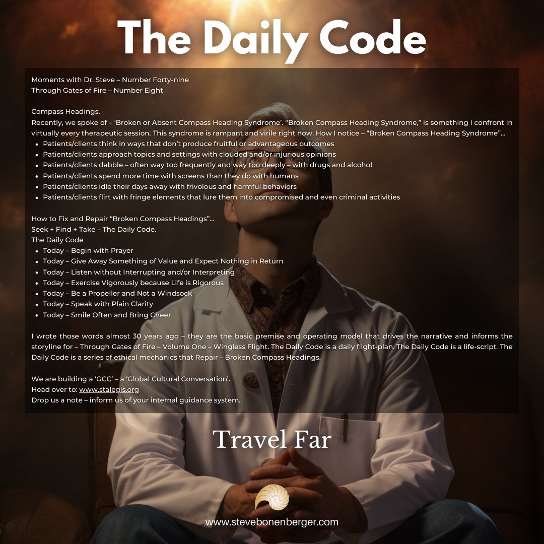 Navigating Life's Compass with The Daily Code 🧭

Join us as we explore the powerful concept of 'The Daily Code' - a compass that guides us away from 'Broken Compass Heading Syndrome'. 

#TheDailyCode #GuidingCompass #EthicalLiving #MomentsWithDrSteve #Stalegis