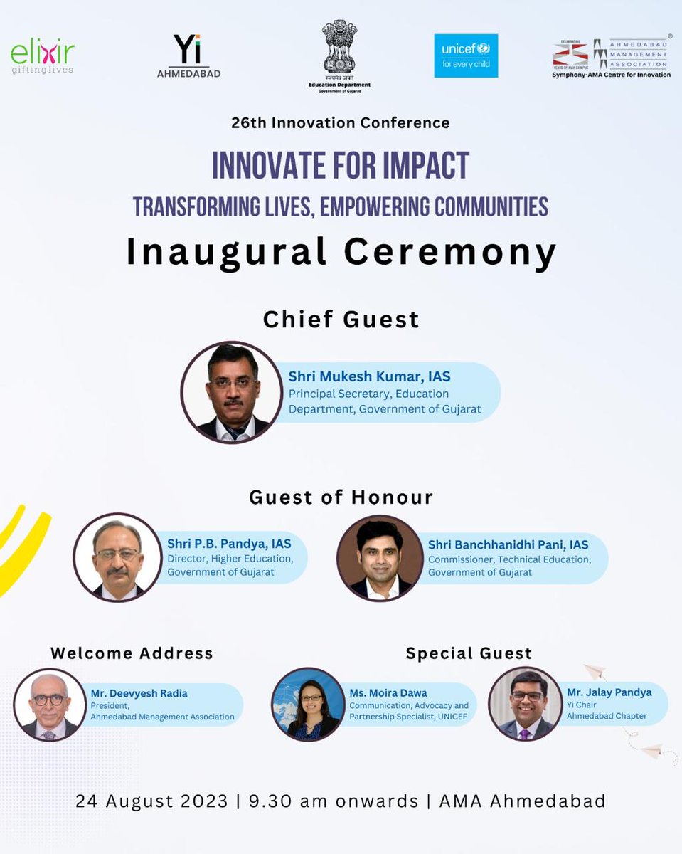 AMA Ahmedabad will host the 26th Innovation Conference on August 24. Let's ignite innovation for impact with renowned Chief Guest Shri Mukesh Kumar, IAS, and acclaimed Guest of Honor Shri P. B. Pandya, IAS. We are changing lives and strengthening communities as a group.