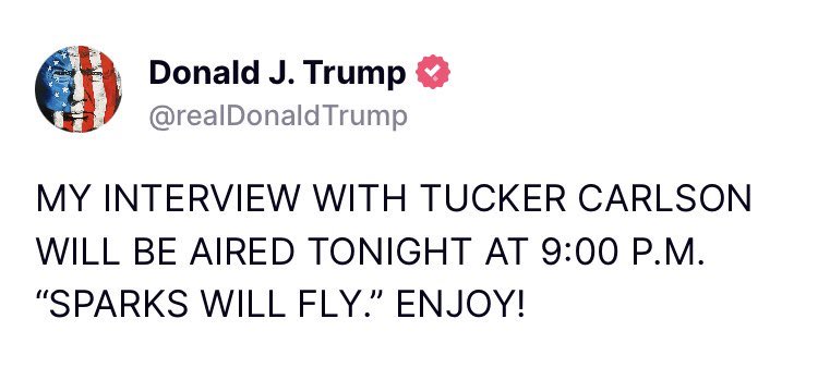 LauraLoomer's tweet photo. President Trump wants everyone to know that his interview with Tucker Carlson will air tonight at 9 pm EST! 

Watch this instead of the Fox News GOP Presidential debate. https://t.co/B0OZM761rv