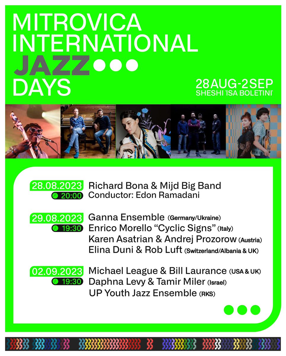 Jazz up your days in Mitrovica! 🎸🎶🎷🎺🥁🎹
Explore our Jazz Festival agenda, featuring toe-tapping beats, smooth melodies, and unforgettable moments. 

Mark your calendars and join us for a journey of music, art, and culture in the heart of Mitrovica!💚