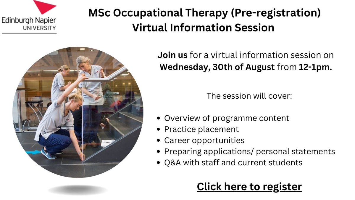 EdNapierAlumni's tweet photo. Are you interested in a career in occupational therapy?

The @OTEdinNapier1 team is hosting a virtual information session to tell you more about the #EdNapier MSc course!

📅 Wed 30 August
⏰ 12 – 1pm
🔗 https://t.co/Pupz6MguVs https://t.co/0YHB2srCMz