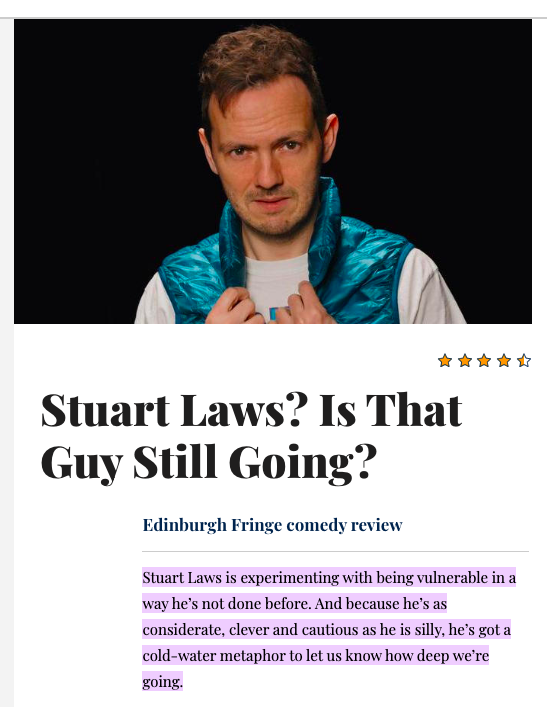 Dog At A Disco (@dogatadiscoprod) on Twitter photo 📢 it's 🌟🌟🌟🌟 1/2 tasty stars from <a href="/chortle/">Chortle Comedy</a> for Stuart Laws!!!
catch one of his FINAL SHOWS up at <a href="/edfringe/">Edinburgh Festival Fringe</a>
Stuart Laws? Is That Guy Still Going?
📍Monkey Barrel (Hive 2) <a href="/BarrelComedy/">Monkey Barrel Comedy</a>
🗓️16:45, until 27 August
🎟️🎟️🎟️ tickets.edfringe.com/whats-on/stuar… 📢 it's 🌟🌟🌟🌟 1/2 tasty stars from <a href="/chortle/">Chortle Comedy</a> for Stuart Laws!!!
catch one of his FINAL SHOWS up at <a href="/edfringe/">Edinburgh Festival Fringe</a>
Stuart Laws? Is That Guy Still Going?
📍Monkey Barrel (Hive 2) <a href="/BarrelComedy/">Monkey Barrel Comedy</a>
🗓️16:45, until 27 August
🎟️🎟️🎟️ tickets.edfringe.com/whats-on/stuar…
