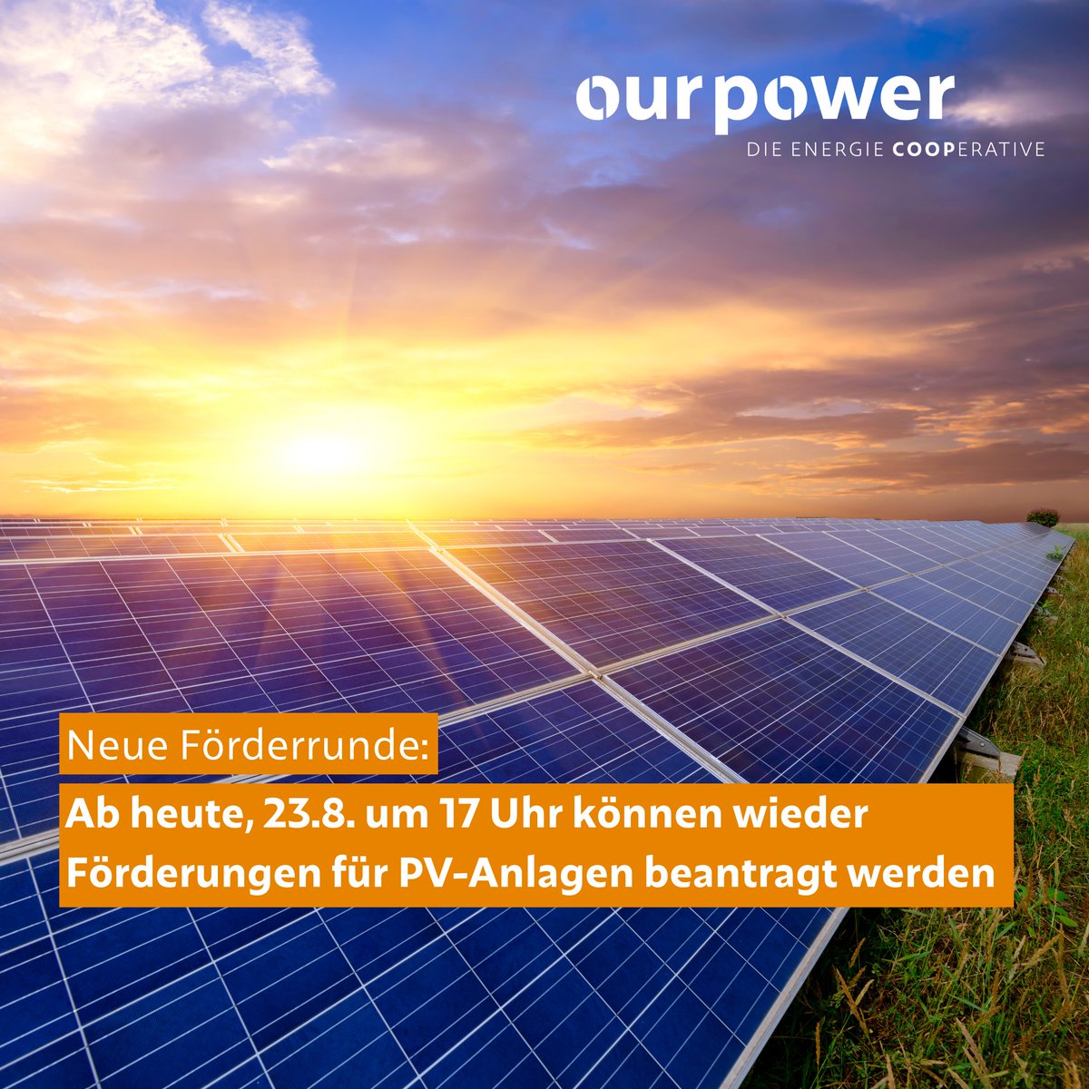 OurPower_Coop's tweet photo. PV-Interessierte aufgepasst ⏰ Heute, 23.08. um exakt 17 Uhr startet eine neue Förderrunde für Photovoltaik-Anlagen. 💰Wie man zum Investitionszuschuss nach dem Erneuerbaren-Ausbau-Gesetz (EAG) gelangt, erfahrt ihr am besten auf der Website der OeMAG: https://t.co/wYVoKbsGjq

1/4 https://t.co/zoULgIf7w2