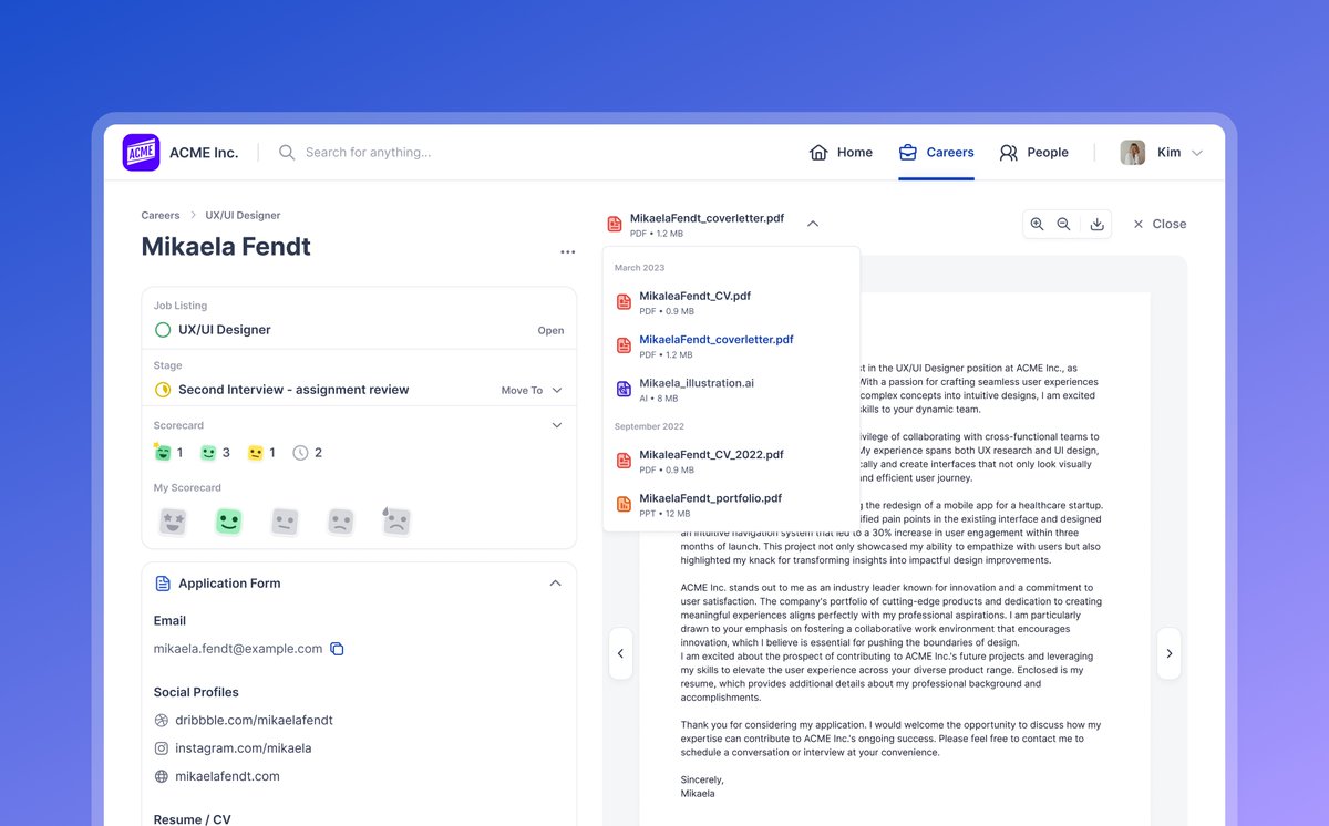 Today, on #WorkInProgressWednesday: file viewing!🗂️
 
1️⃣A file opens up on the full page.
2️⃣On the left, a job application; on the right, the file. This split-screen view lets you scroll through the application, add comments, and score candidates, all while browsing the document.