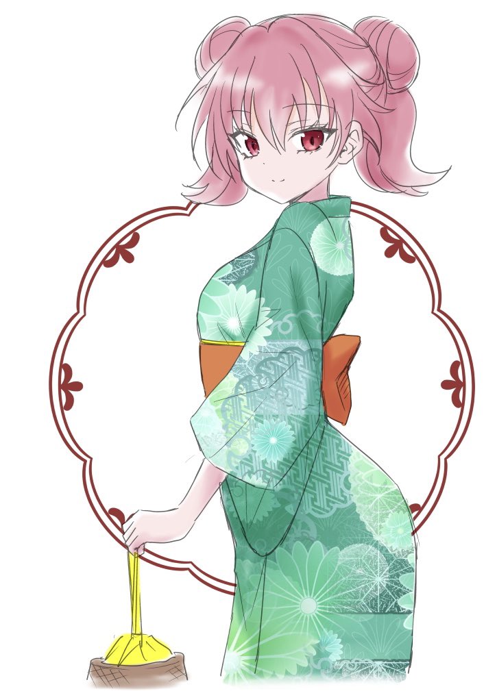 1girl solo japanese clothes kimono hair bun double bun green kimono  illustration images