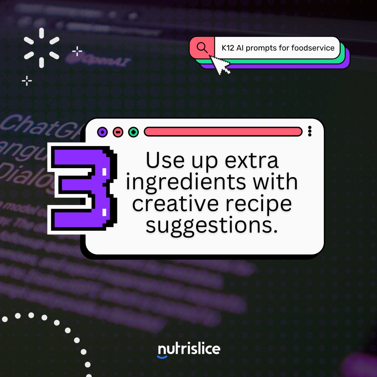 Extra ingredients on hand but struggling to come up with a recipe? 🥦🥕🍅
Use prompt #3 to help you minimize food waste! You can find it on our blog: hubs.li/Q01__B1H0 
#foodserviceai #k12ai