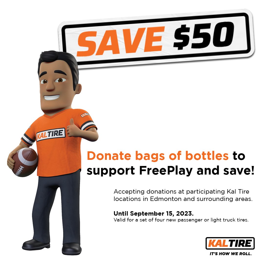 Reminder that Free Play for Kids is teaming up with <a href="/KalTire/">Kal Tire 🇨🇦</a> !

Up until September 15, donate a bag of bottles at Kal Tire and you'll save $50!

Proceeds from the bottle drive support Free Play. Kal Tire will match whatever you give!

Pick a location: kaltire.com/en/locations/