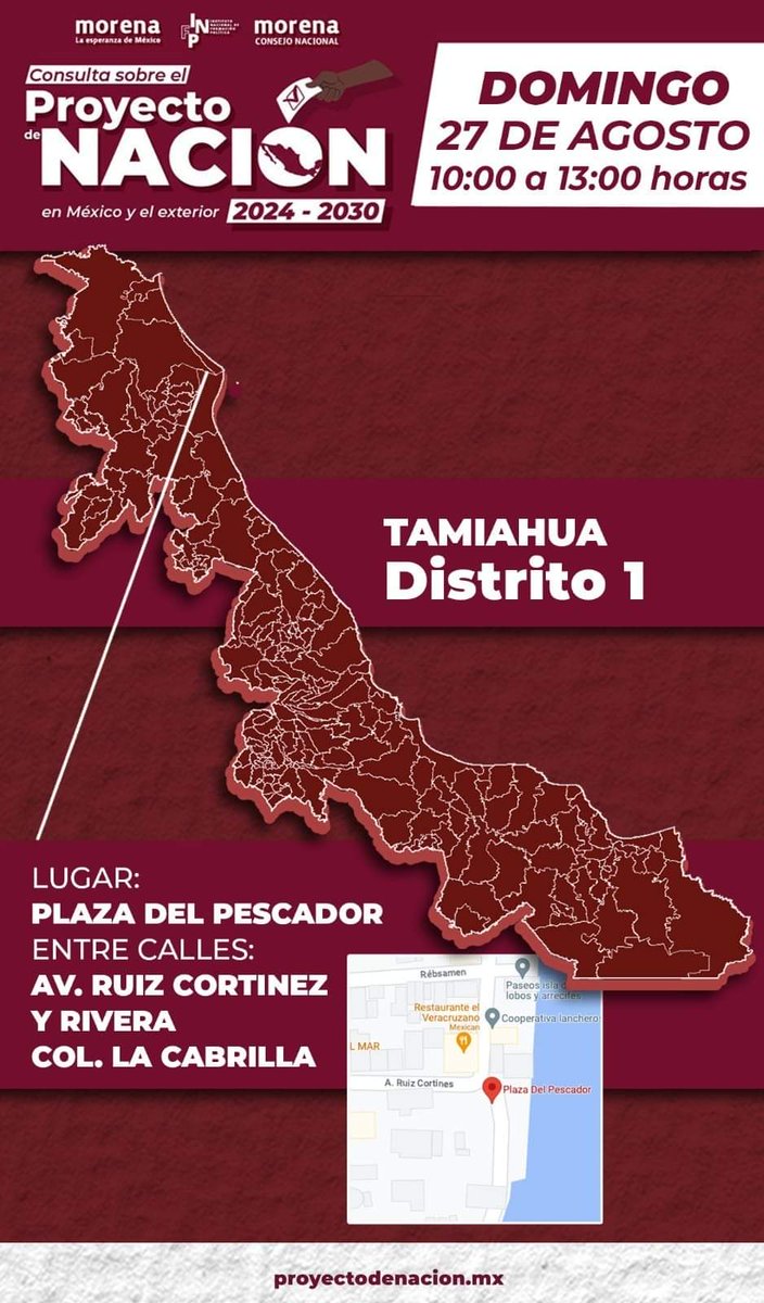 Hacemos la invitación a toda la población de #Tamiahua, #Veracruz. Este #Domingo 27 de agosto a las 10 de la mañana se organizará la cuarta consulta sobre el #ProyectoDeNacion en #Mexico y el exterior. En la #PlazaDelPescador. No faltes, la #4taTransformacion, te espera!!!!