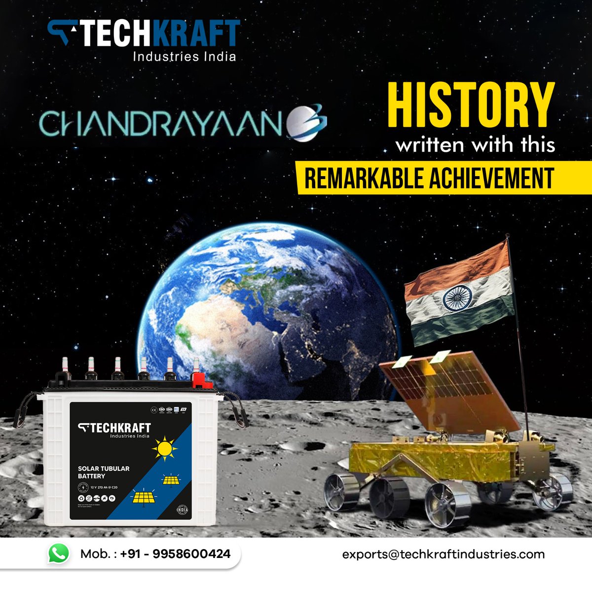 𝐓𝐞𝐜𝐡𝐤𝐫𝐚𝐟𝐭 𝐞𝐱𝐭𝐞𝐧𝐝𝐬 𝐚 𝐜𝐨𝐬𝐦𝐢𝐜 𝐜𝐨𝐧𝐠𝐫𝐚𝐭𝐮𝐥𝐚𝐭𝐢𝐨𝐧 𝐭𝐨 𝐈𝐧𝐝𝐢𝐚 𝐨𝐧 𝐭𝐡𝐞 𝐟𝐥𝐚𝐰𝐥𝐞𝐬𝐬 𝐥𝐚𝐧𝐝𝐢𝐧𝐠 𝐨𝐟 𝐂𝐡𝐚𝐧𝐝𝐫𝐚𝐲𝐚𝐚𝐧 3! 🌙🚀 . . #techkraftbatteries #Chandrayaan3 #LunarSuccess #ProudMoment #ISRO #IndiaOnTheMoon #moon @isro
