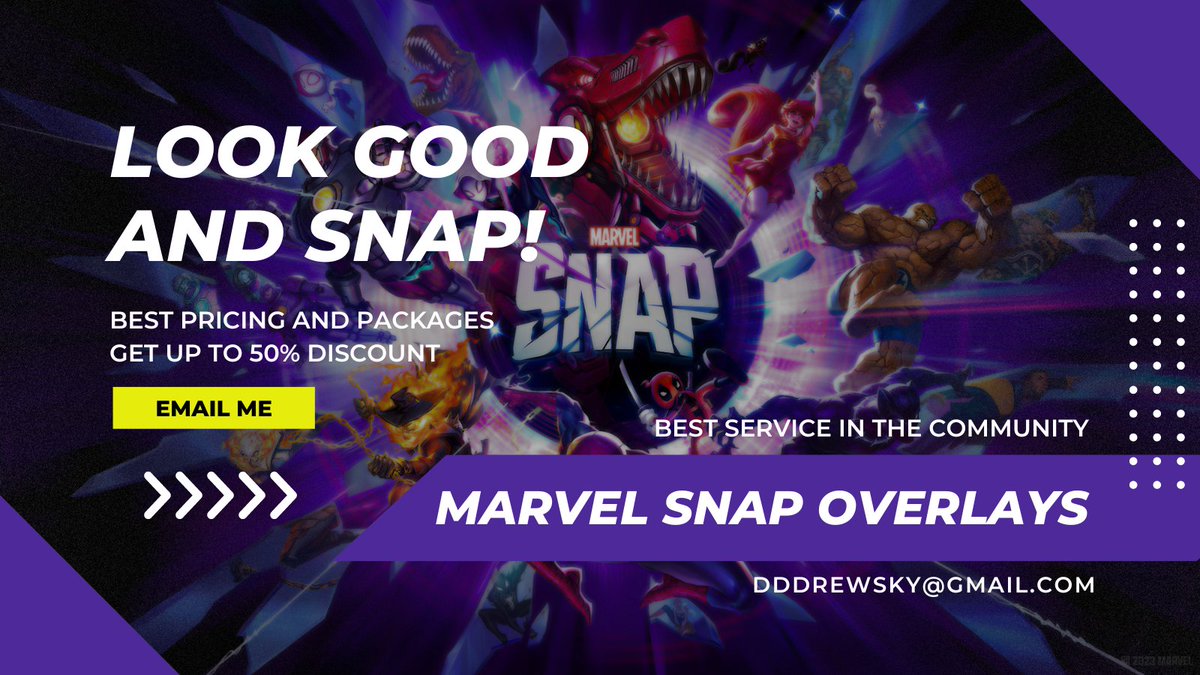 Looking to up your Marvel Snap stream? I can help! 💪🏼

I offer two packages for stream overlays: basic layouts for $50 and a custom layouts starting at $100. 🛠️

Email me today to learn more! ✉️

#MarvelSnap #StreamOverlays #Streaming #Gamer #Creator