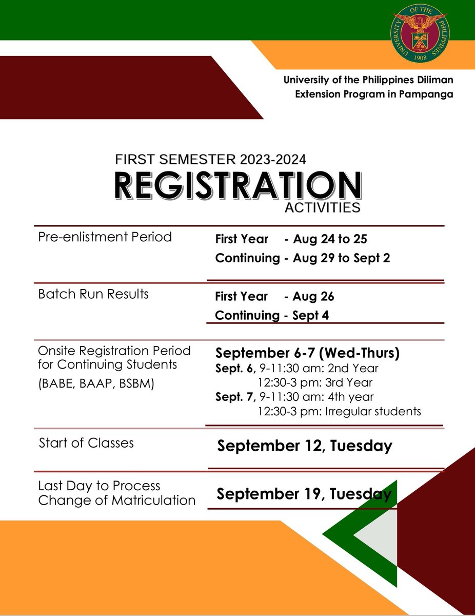 upclarkalerts's tweet photo. Heads up: Registration activities schedule for 1st Sem, AY 2023-2024. https://t.co/Ze4MzcwdHd