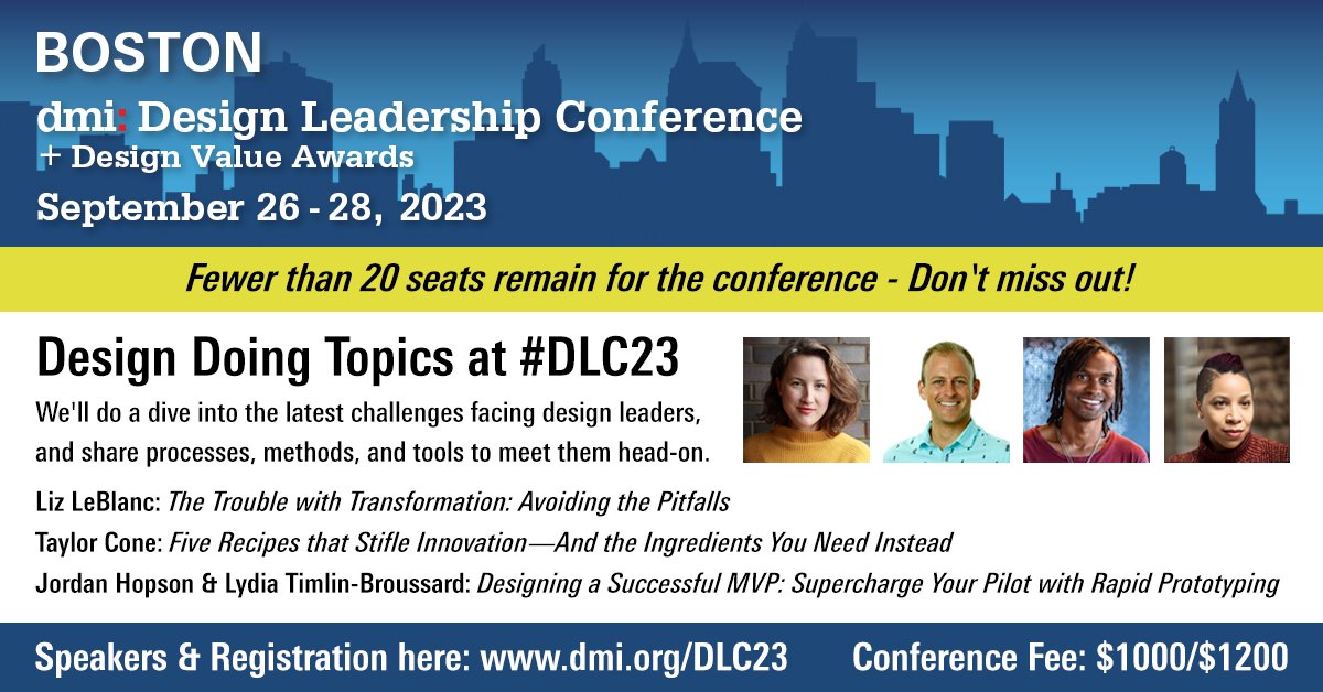 Design Doing Topics at #DLC23 At the dmi:Design Leadership Conference we'll do a dive into the latest challenges facing design leaders, and share processes, methods, and tools to meet them head-on. dmi.org/page/Boston202… #designinnovation #designleadership #designmanagement