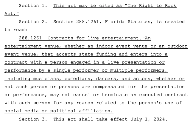JimRosicaFL's tweet photo. Florida state Rep. @doc_rudman has filed a bill for 2024 that would prohibit entertainers from having performances canceled bc of their social media or politics. (Caveat: Venue must have accepted state funding.)
#RightToRock https://t.co/Hx3NrSMEU1
