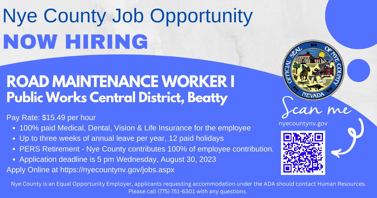 NyeCounty's tweet photo. #NowHiring
Road Maintenance Worker I
Public Works in Beatty
Pay Range: $15.49 per hour, full-time w/ benefits
The application deadline is 5 p.m. Wednesday, August 30, 2023.
Application and other info: https://t.co/BBqQ67DwwB
#NyeJobs #CountyJob #BeattyNV https://t.co/x1O6shUwCg