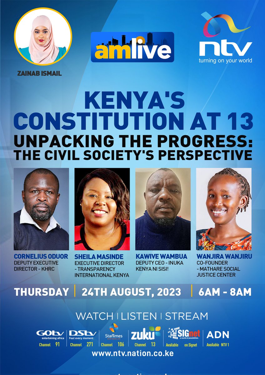 13 years later, we take stock of the progress in implementing the 2010 Constitution... <a href="/ntvkenya/">NTV Kenya</a> 
#AMLiveNTV

<a href="/thekhrc/">KHRC</a> <a href="/TIKenya/">TI-Kenya</a> <a href="/MathareSJustice/">Mathare Social Justice Centre (MSJC)</a>