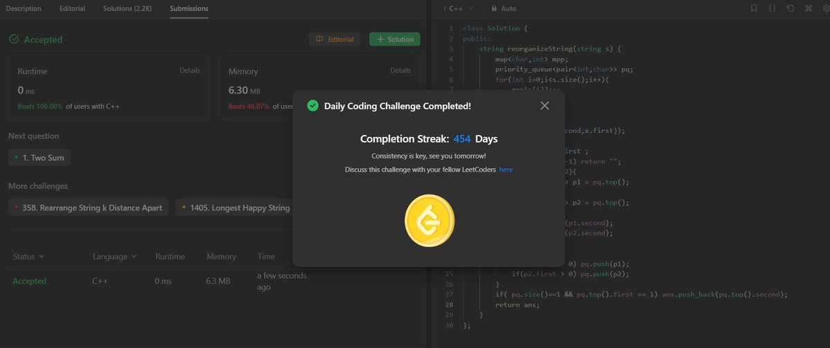 Day : 454 Leetcode daily challenge completed. #100DaysOfCode #365DaysofCode