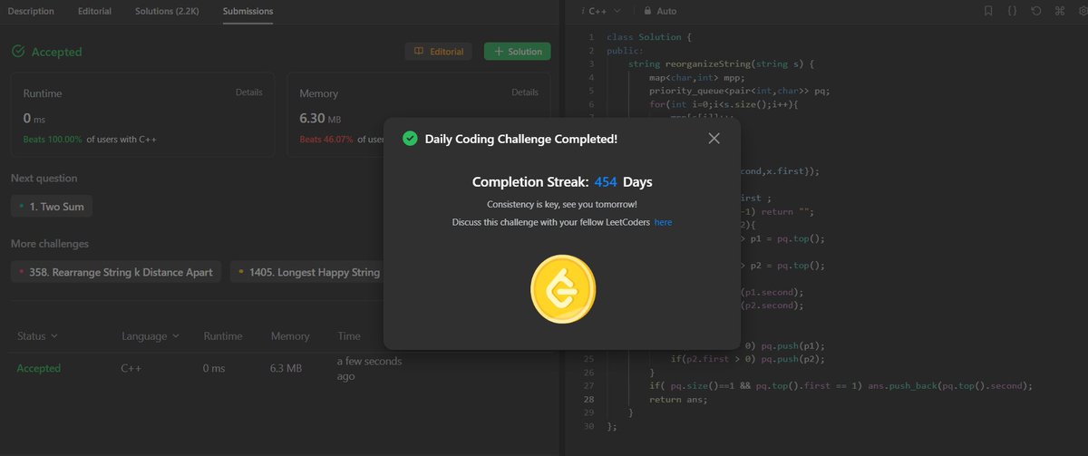 ayush_patel_78's tweet image. Day : 454 

Leetcode daily challenge completed. 
#100DaysOfCode  #365DaysofCode